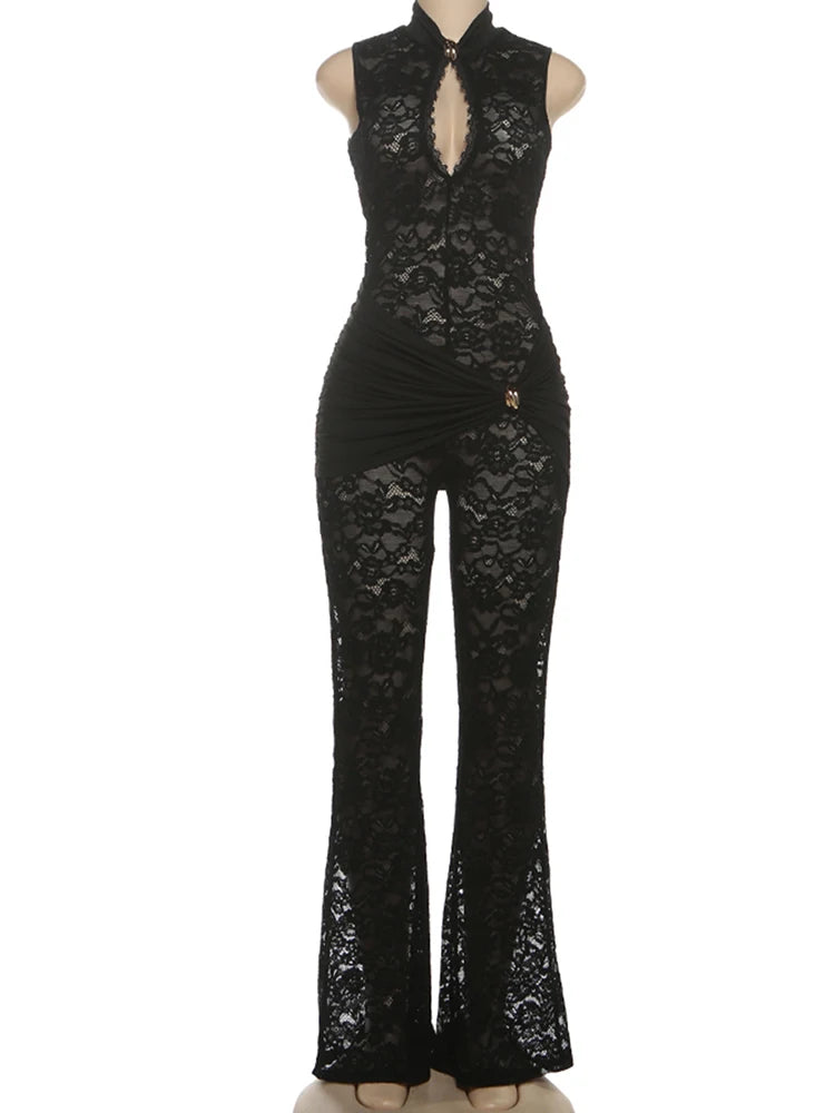 Nibber Streetwear Patchwork Jacquard Jumpsuit Woman Sexy Ruched Waist Metal Knot Stretch Skinny Midnight Workout Overalls