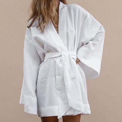 Lace-Up V-Neck Long Sleeve Shirt Dress
