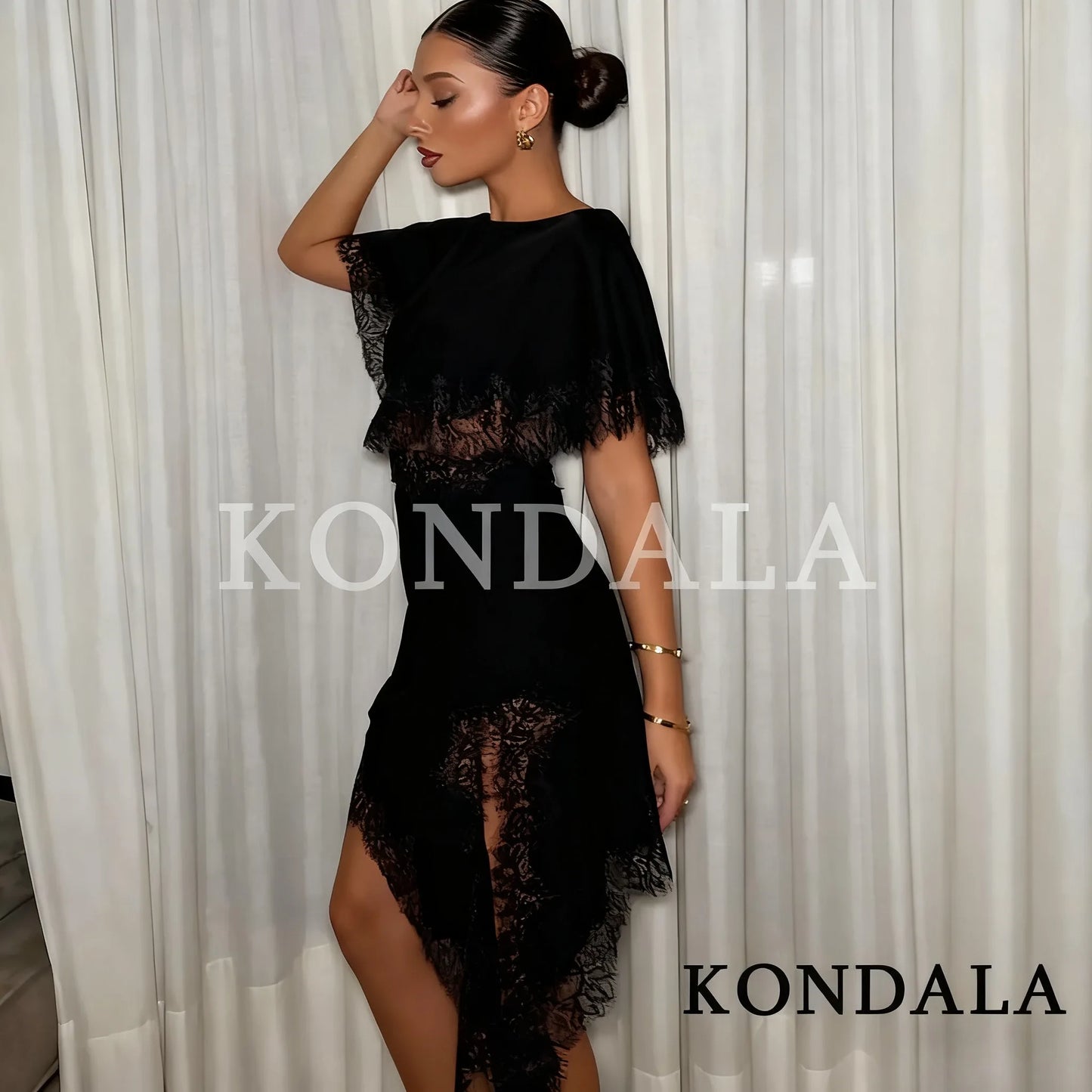 KONDALA Sexy Waist Hollow Dress Women Satin Asymmetrical Hem Lace Dress 2026 Spring Summer Fashion Holiday Dating Party Dress