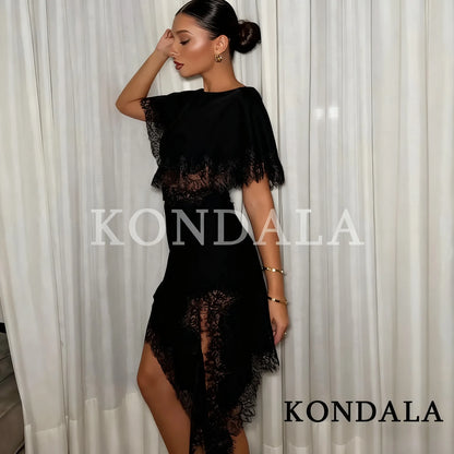 Satin Asymmetrical Hollow Lace Dress