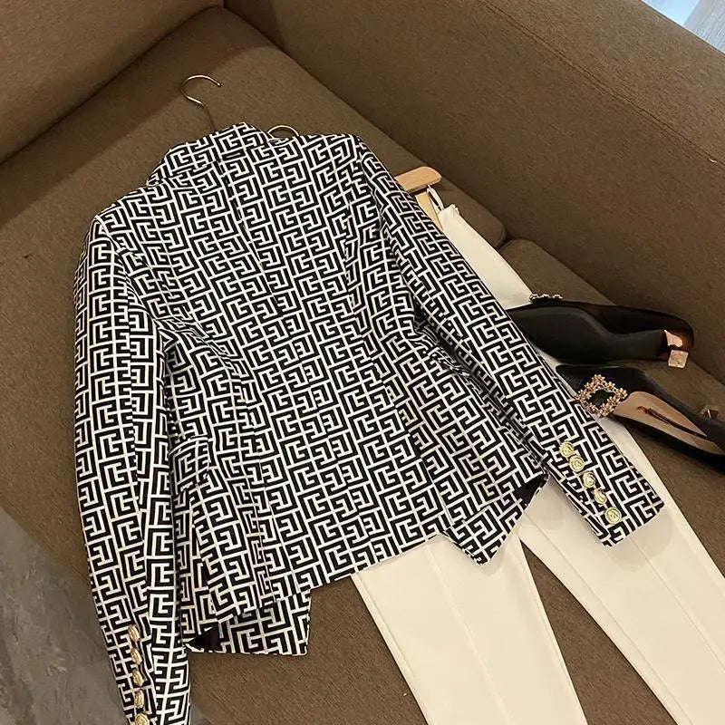 Double-Breasted Printed Suit Jacket