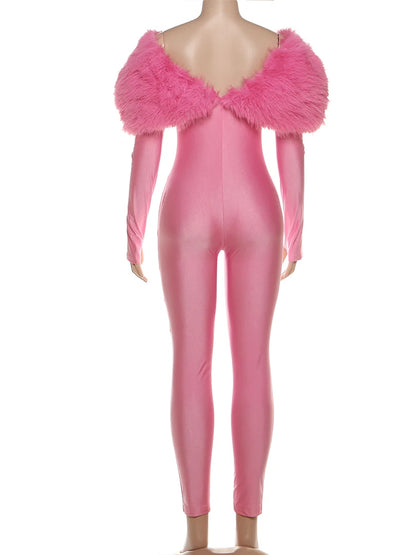 Feather Trim Slash Neck Jumpsuit