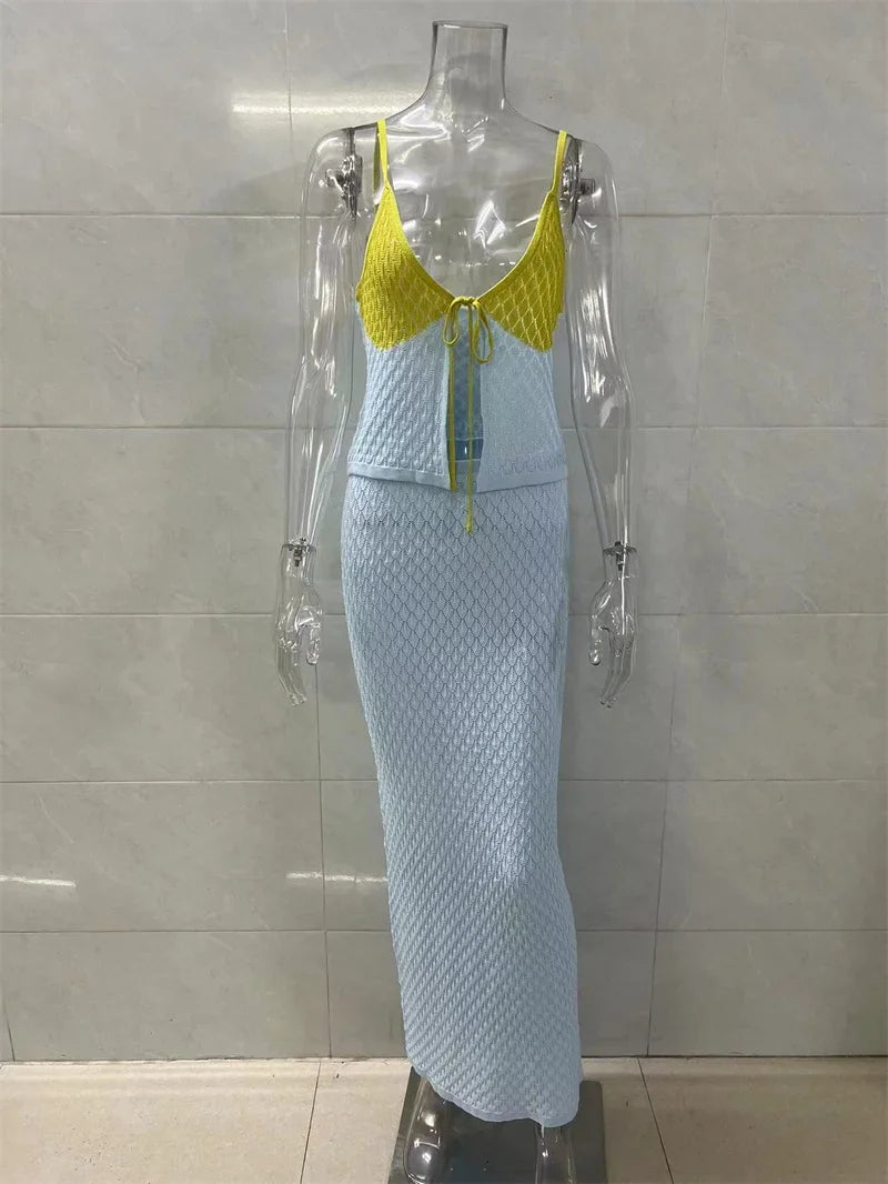 2PC Set Crop Top Camis High Waist Bustle Skirt Bottom Beach Knit Dress Sexy Halter Top Women Holiday Casual 2 Pieces Set  A3110