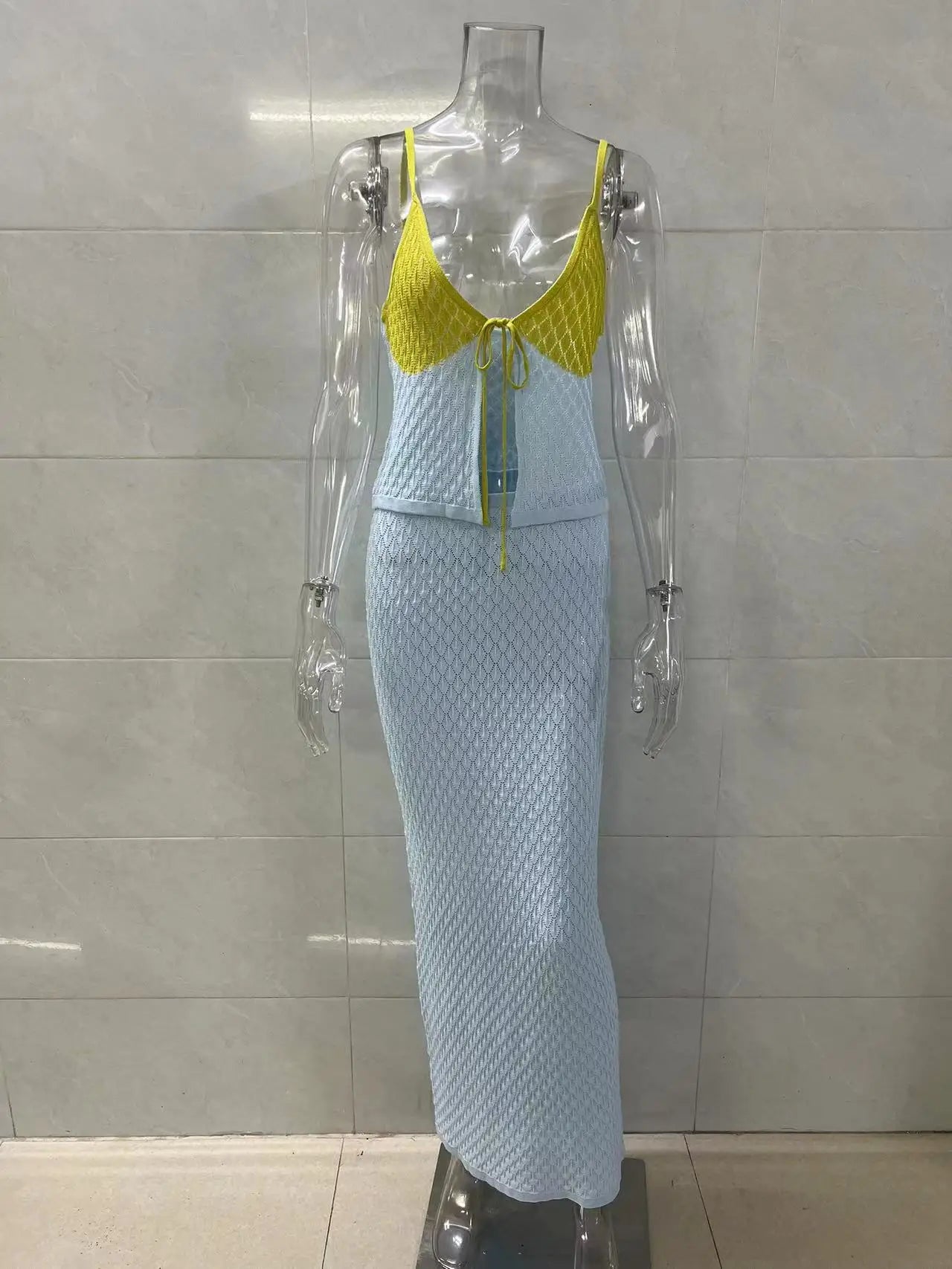 2PC Set Crop Top Camis High Waist Bustle Skirt Bottom Beach Knit Dress Sexy Halter Top Women Holiday Casual 2 Pieces Set  A3110