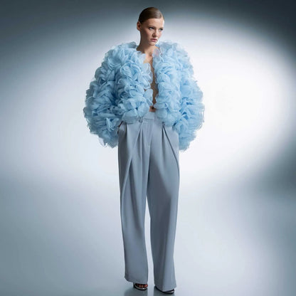 Blue Floral Tiered Ruffle Jacket