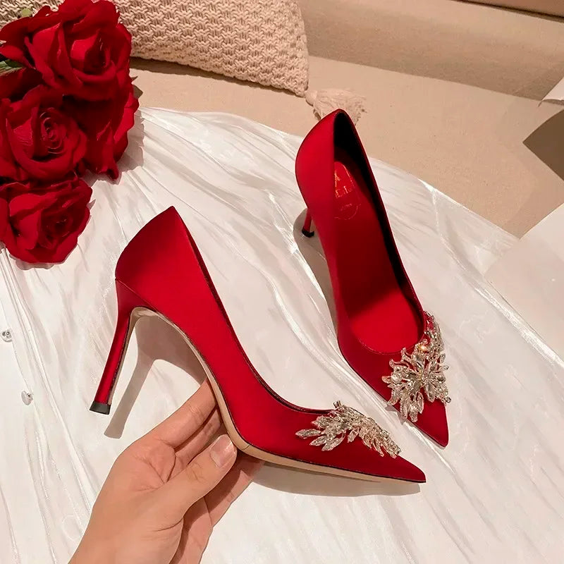 2024 Spring Summer Autumn New Wedding Shoes Red High Heels  Slim Heels Korean Version Pointed Toe Bride Shoes High Heels