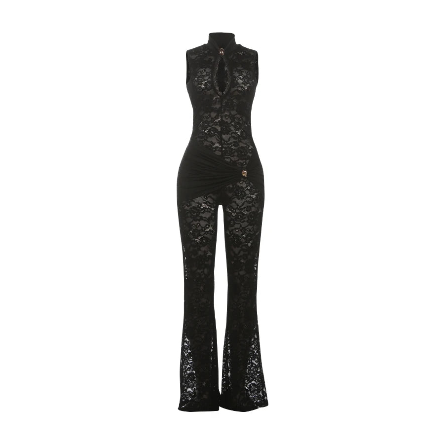 Nibber Streetwear Patchwork Jacquard Jumpsuit Woman Sexy Ruched Waist Metal Knot Stretch Skinny Midnight Workout Overalls