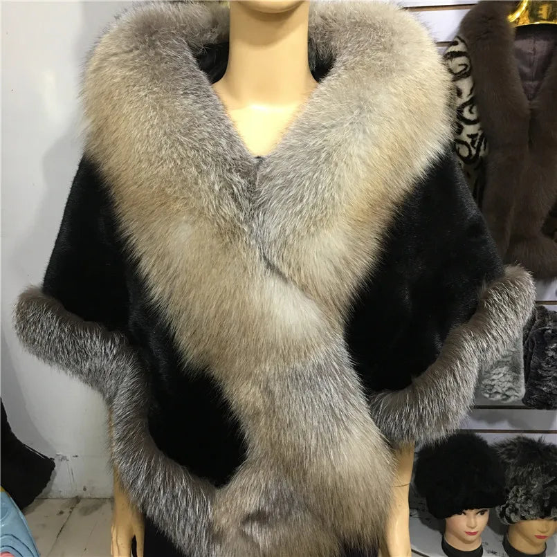 Natural Mink Fur Cape with Real
