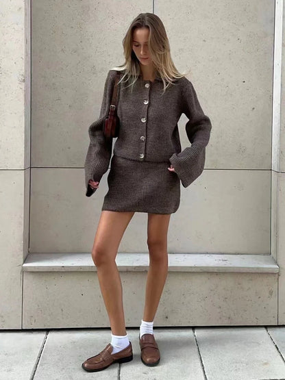 DGLUKE Burgundy Knitted Cardigan And Skirt