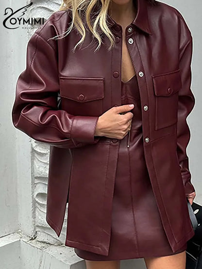 PU Leather Button Shirt & Mini Dress Set
