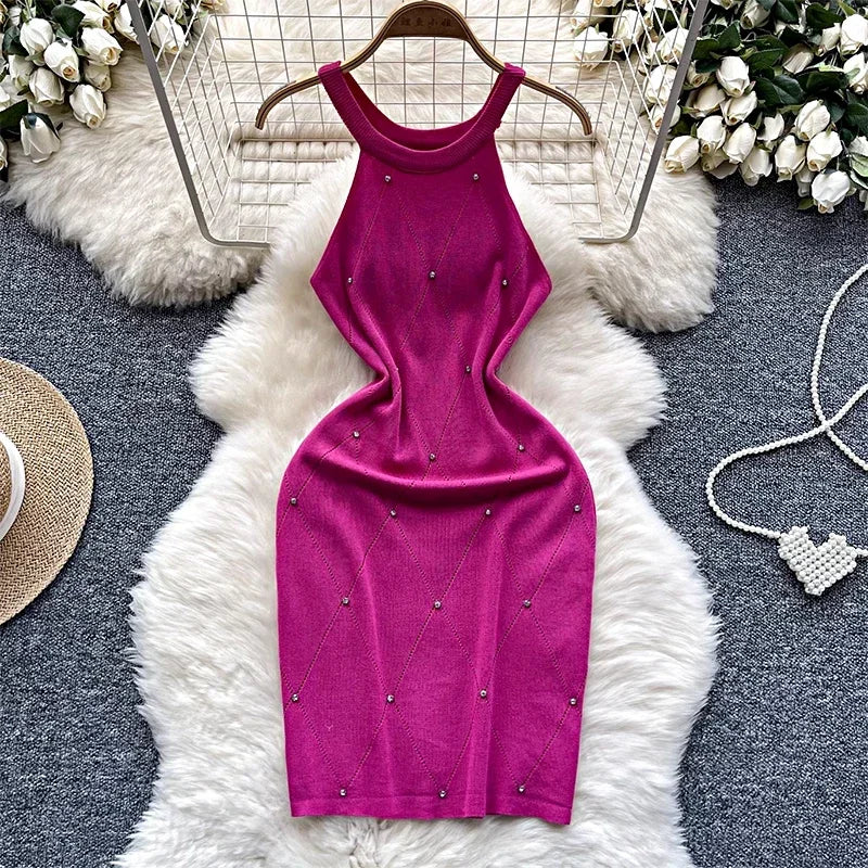 Beaded Halter Knit Bodycon Mini Dress