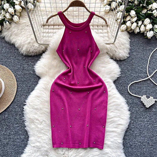 Beaded Halter Knit Bodycon Mini Dress