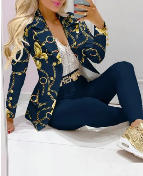 Printed Belted Blazer Pant Set
