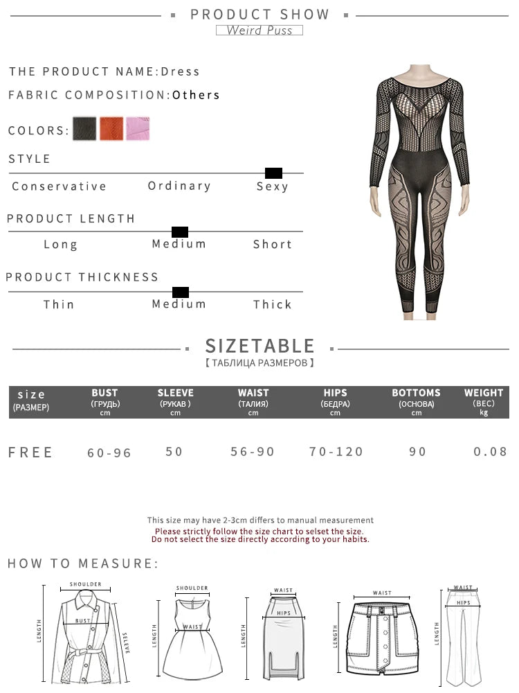 Weird Puss See Through Women Jumpsuits Long Sleeve Hollow Out Hot Girls Sexy Nightclub Dance Party Body-Shaping Coquette Outfits
