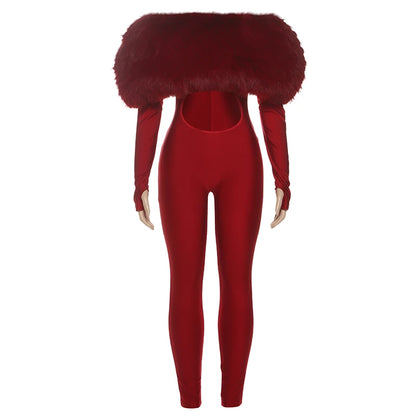 Sisterlinda Furry Slash Neck Jumpsuits Luxury