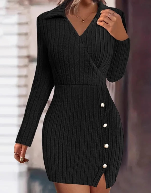 New autumn and winter solid color V-neck fitted bodycon long sleeve dress for women from Europe and America.