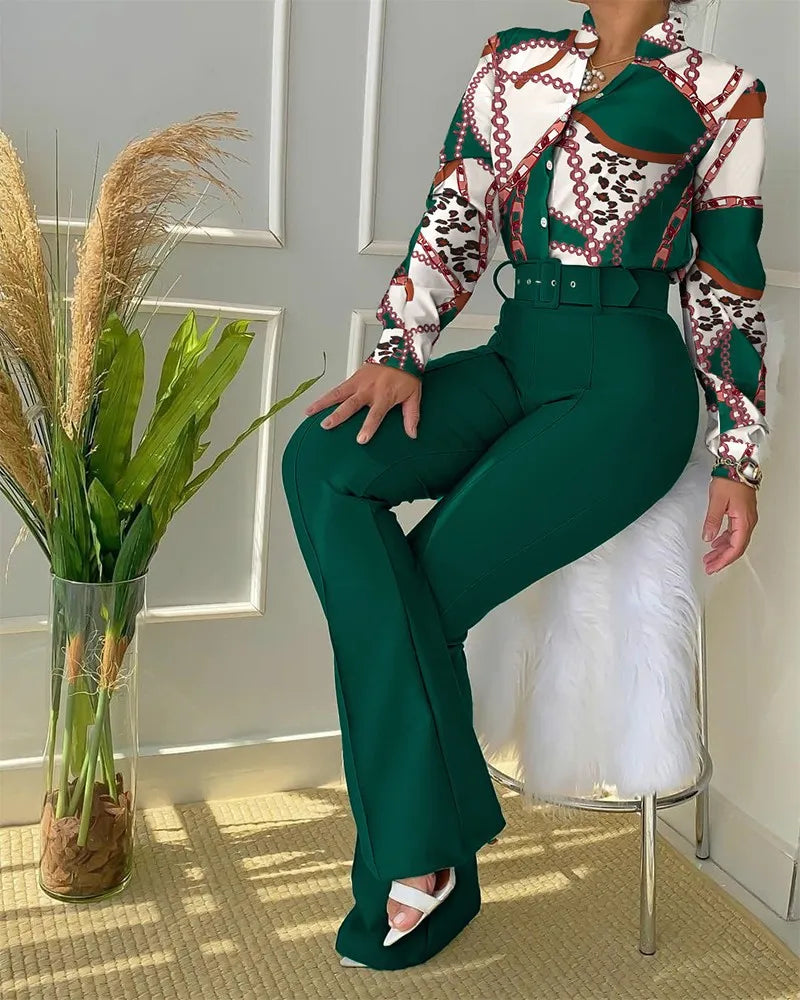 Versatile Casual Button Blouse & Pants Set