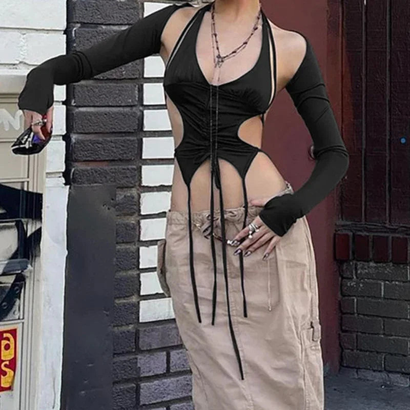 2025 New Dark Y2k Punk Drawstring Bandage Sexy Camis Techwear Backless Long Sleeve Crop Tops Women's Bodycon Summer Streetwear