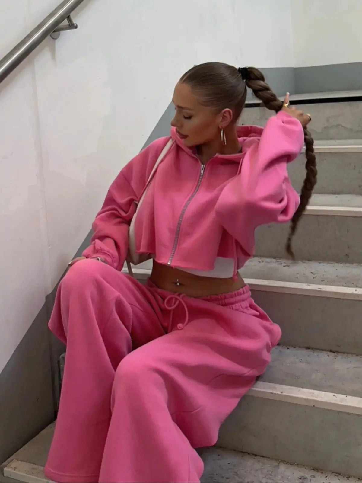 Hooded Zip Crop Sweatshirt & Sweatpants Set
