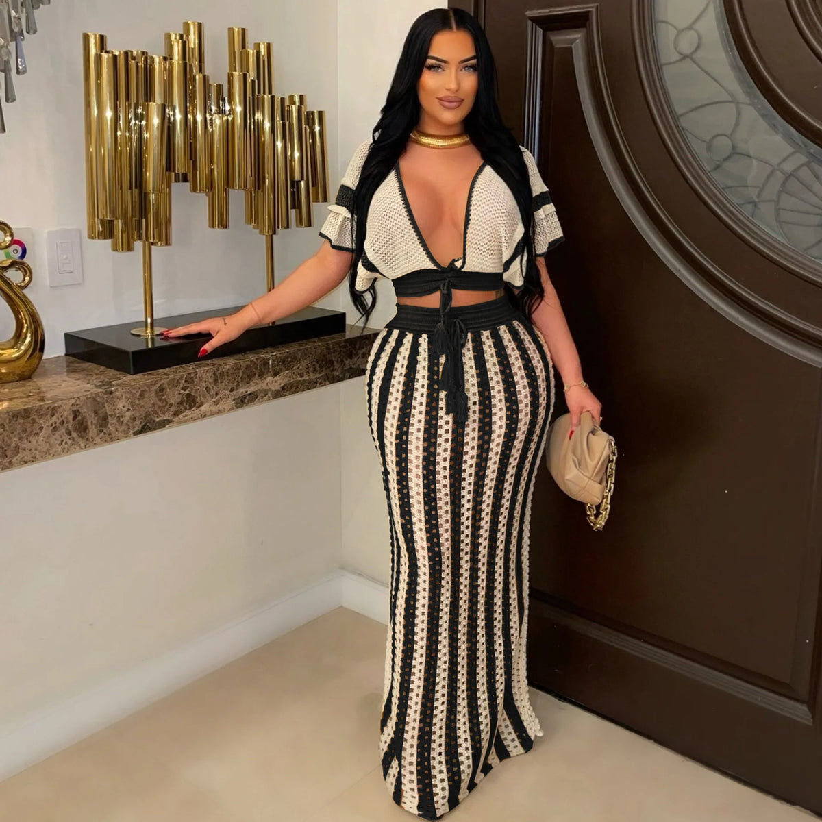 Knitted Hollow-Out Top & Skirt Set
