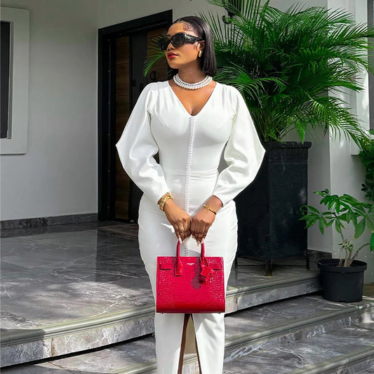 Stylish Elegant Beaded Women Evening Dress White Slim V-Neck Long Sleeve Fashion Bodycon Dress Female Wedding Party Midi Dresses