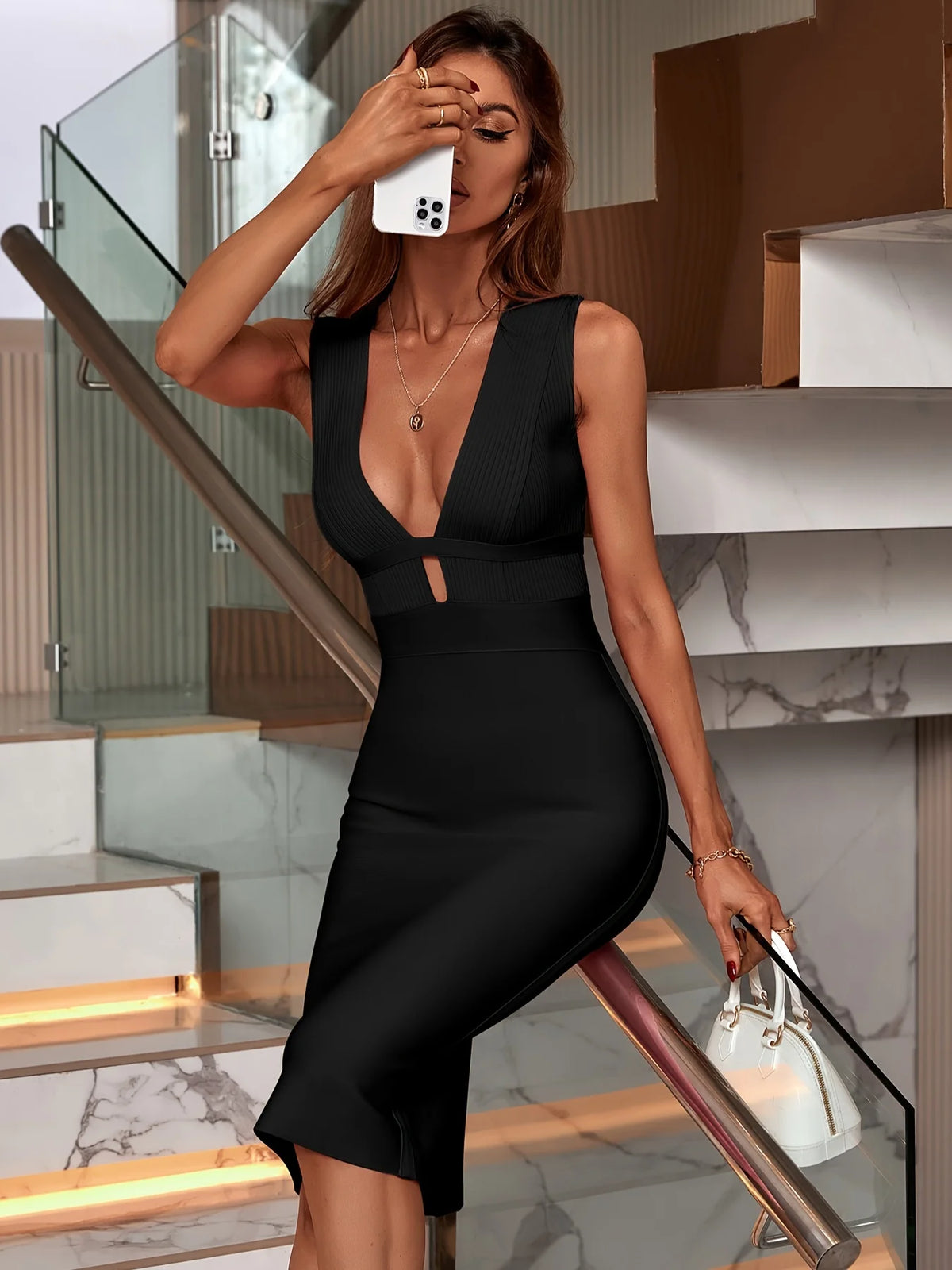 Black Midi Suspender Bodycon Bandage Dress