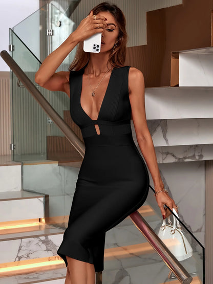 Black Midi Suspender Bodycon Bandage Dress