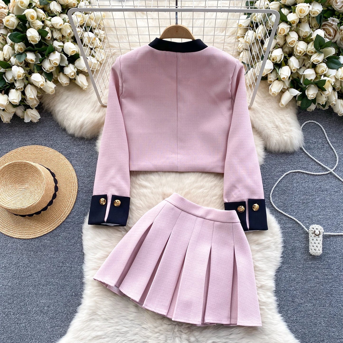 KUSAHIKI 2024 Spring Women's Color Block Short Cardigan Coat + High Waisted Pleated Half Skirt Two Piece Set