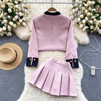 Color Block Cardigan & Pleated Skirt Set