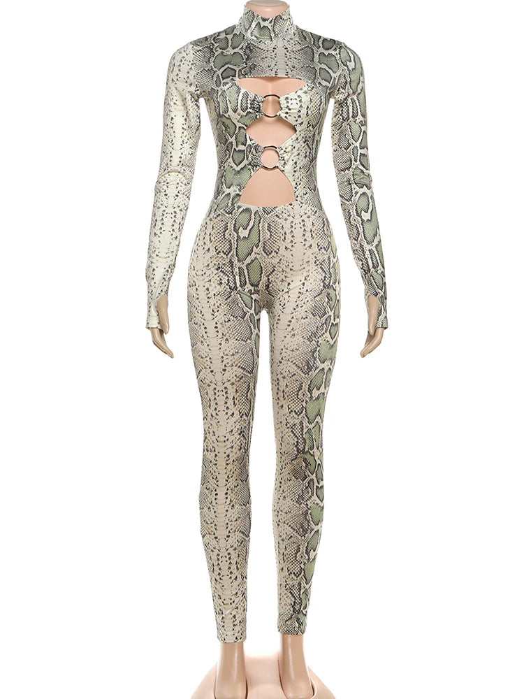 Weird Puss Snake Print Jumpsuit Woman Sexy Cirque Hollow Full Sleeve Skinny Fitness Midnight Clubwear Party Coquette Overalls
