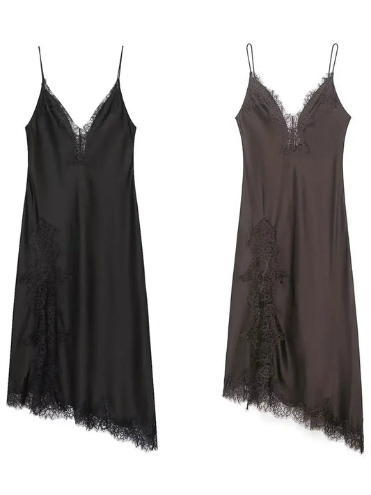 HH Women Fashion Lace Splicing Satin Texture Long Dress Sexy Backless Sleeveless Dresses Summer Lady Trend Party Evening Dress