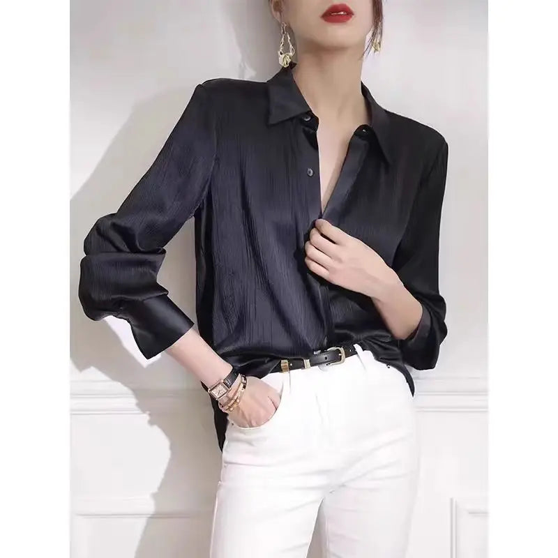 Shirts New Black Satin Texture Loose