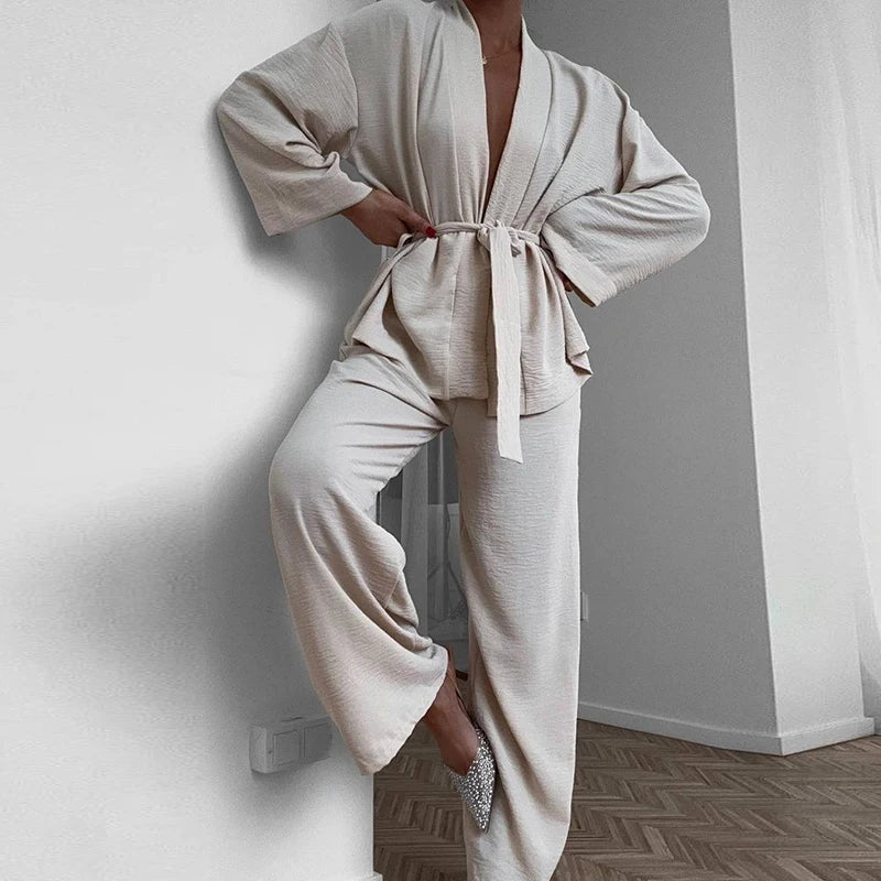 Sexy V-neck Lace-up Cardigan & Long Pant Suit 2024 Women Causal Long Sleeve Solid 2Pc Set Office Elegant Homewear Loose Outfits