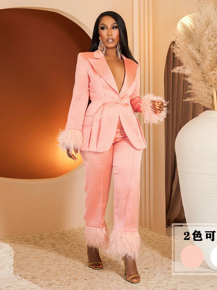 Feather Patchwork Top and Pants Two-Piece Set