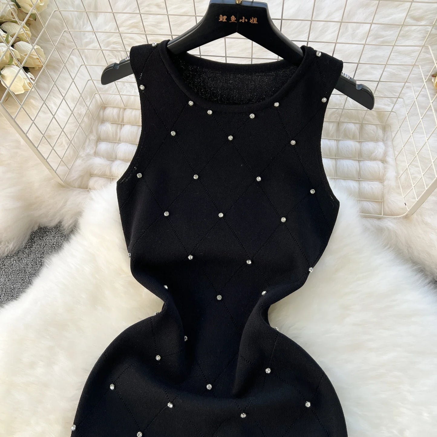 Beading  Summer Women's Knitting Sheath Tank Dress Female Bodycon Knitted Camisole Sleeveless Mini Dresses For Woman Outfits