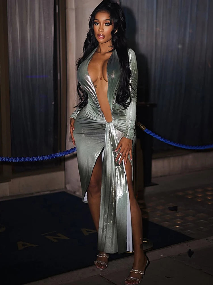 Weird Puss Sexy Silky Split Dress Women Irregular Ribbon Gradient Color Deep V-Neck Coquette Hottie Street Elegant Slim Bodycon