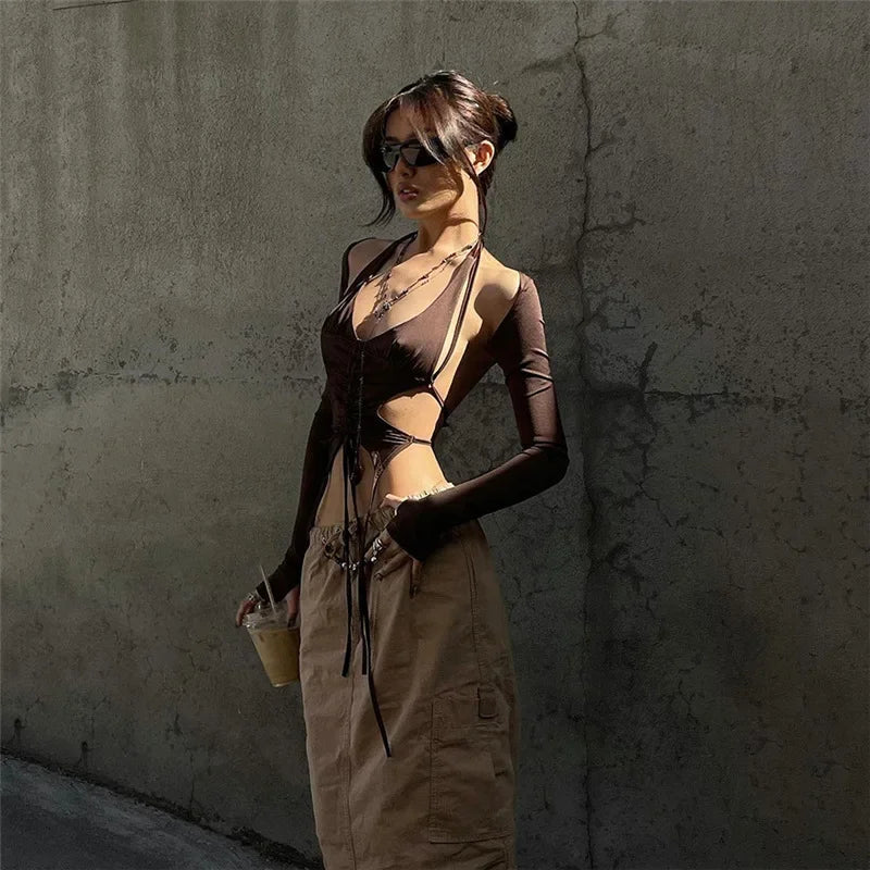 2025 New Dark Y2k Punk Drawstring Bandage Sexy Camis Techwear Backless Long Sleeve Crop Tops Women's Bodycon Summer Streetwear