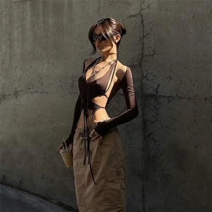 Dark Y2K Punk Long Sleeve Crop Top