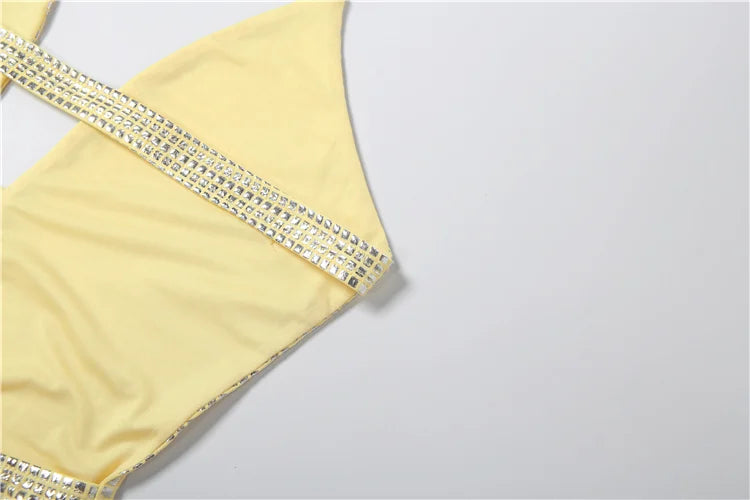 Weird Puss Sequin Patch Dress Women Sexy Deep V-Neck Patchwork Hem Chest Wrapped Stretch Sleeveless Clubwear Birthday Bodycon