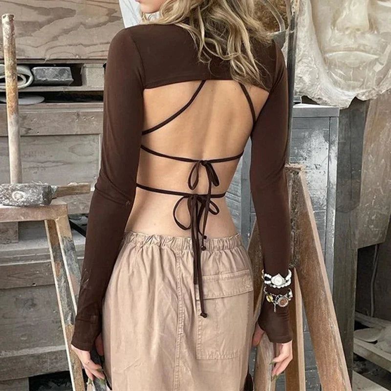 2025 New Dark Y2k Punk Drawstring Bandage Sexy Camis Techwear Backless Long Sleeve Crop Tops Women's Bodycon Summer Streetwear