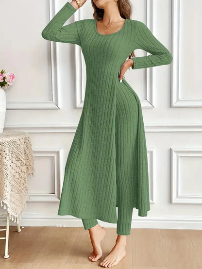 Solid Round Collar Slit Top and Trousers Set