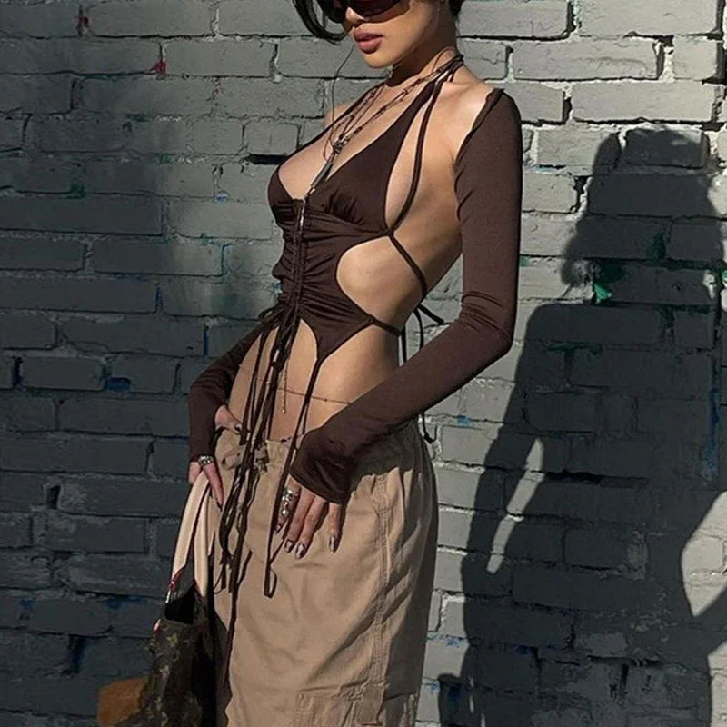 2025 New Dark Y2k Punk Drawstring Bandage Sexy Camis Techwear Backless Long Sleeve Crop Tops Women's Bodycon Summer Streetwear