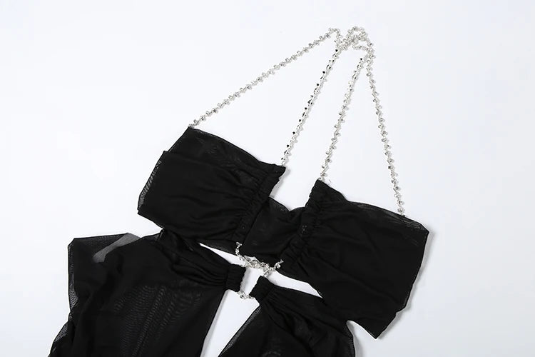 Weird Puss Sexy See Through Dress Women Sexy Halter Chain Backless Irregular Ruched Patchwork Vacation Birthday Party Clubwear