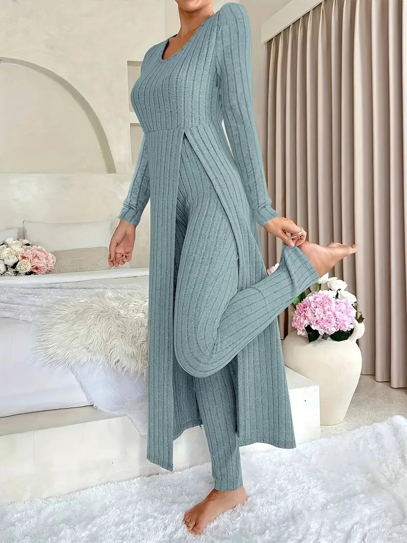 Solid Round Collar Slit Top and Trousers Set