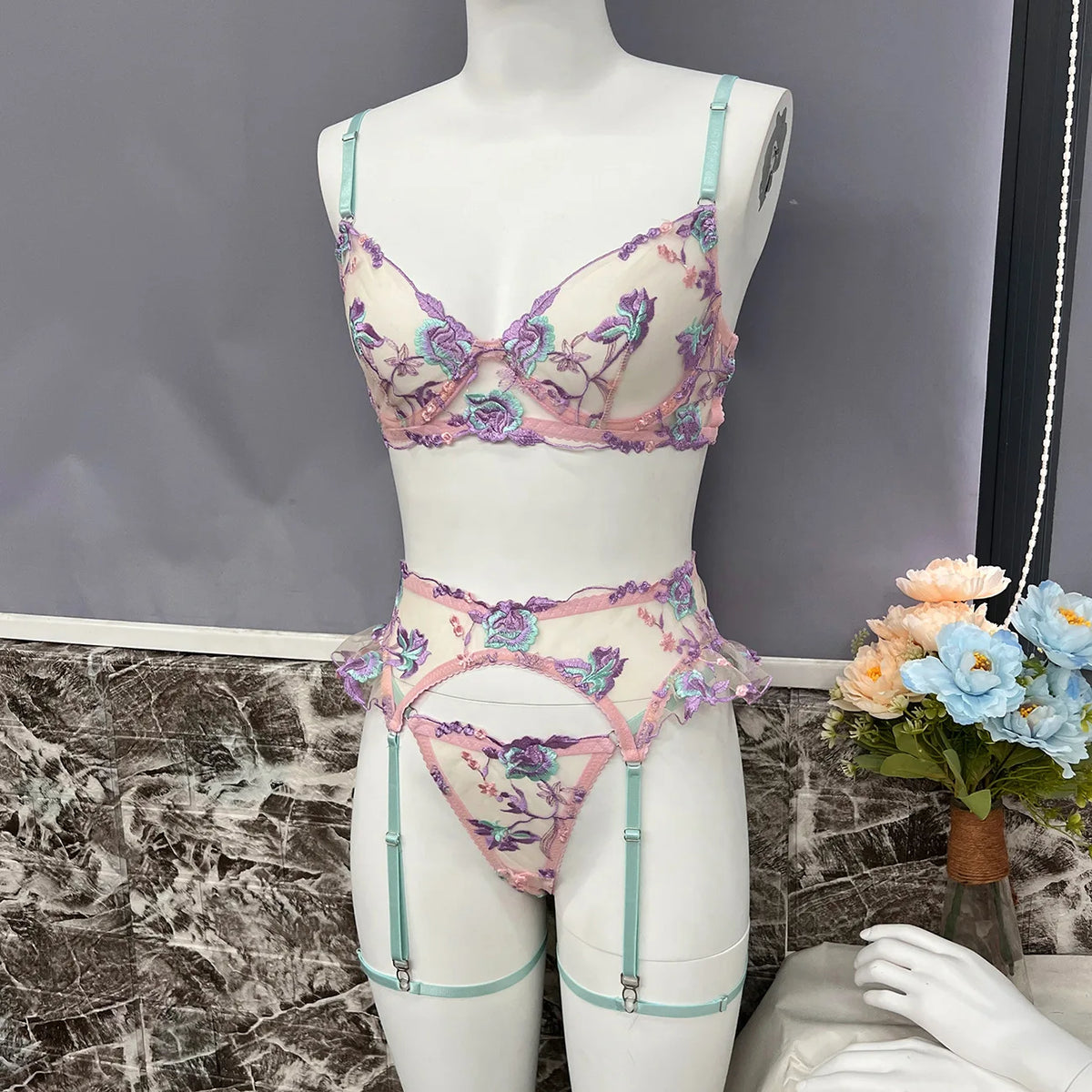 Embroidered Patchwork Lingerie Set