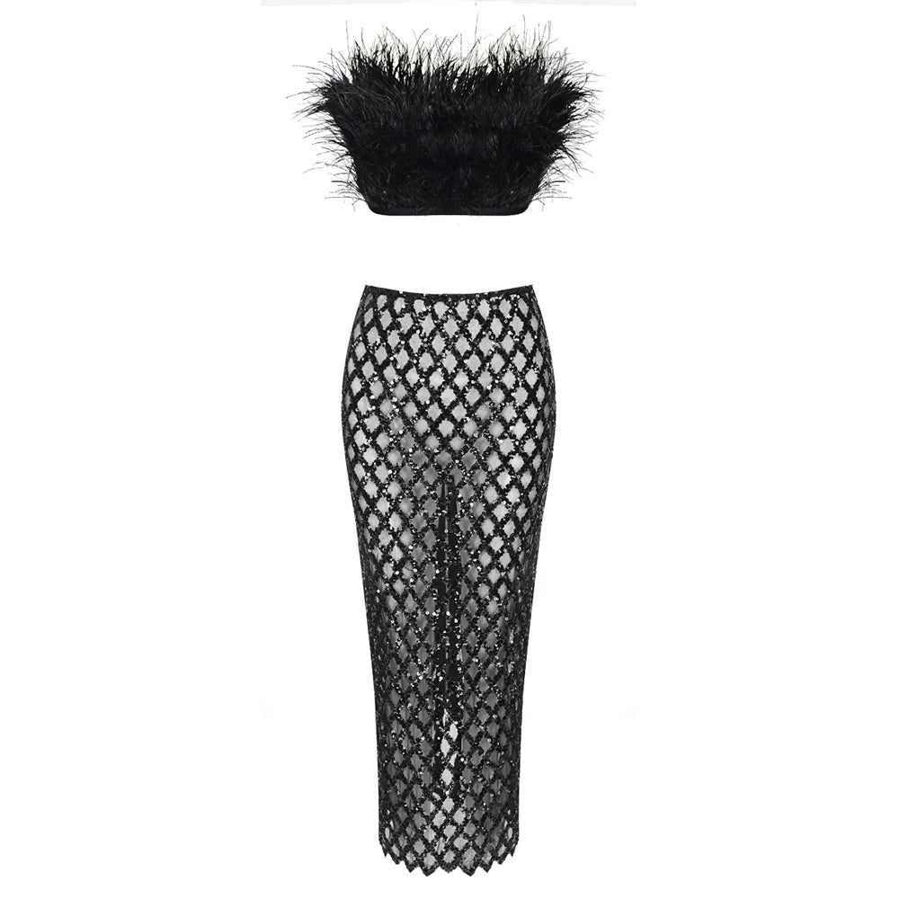 Feather Bandage Top & Sequined Skirt Set