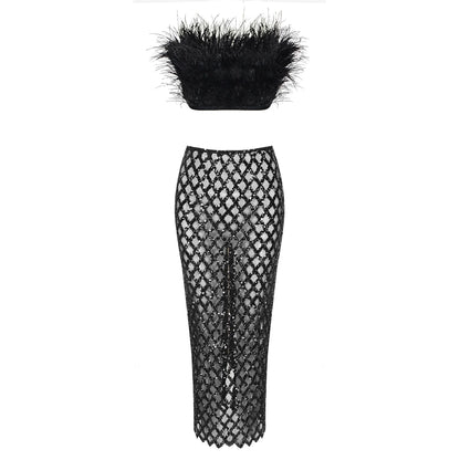 Feather Bandage Top & Sequined Skirt Set