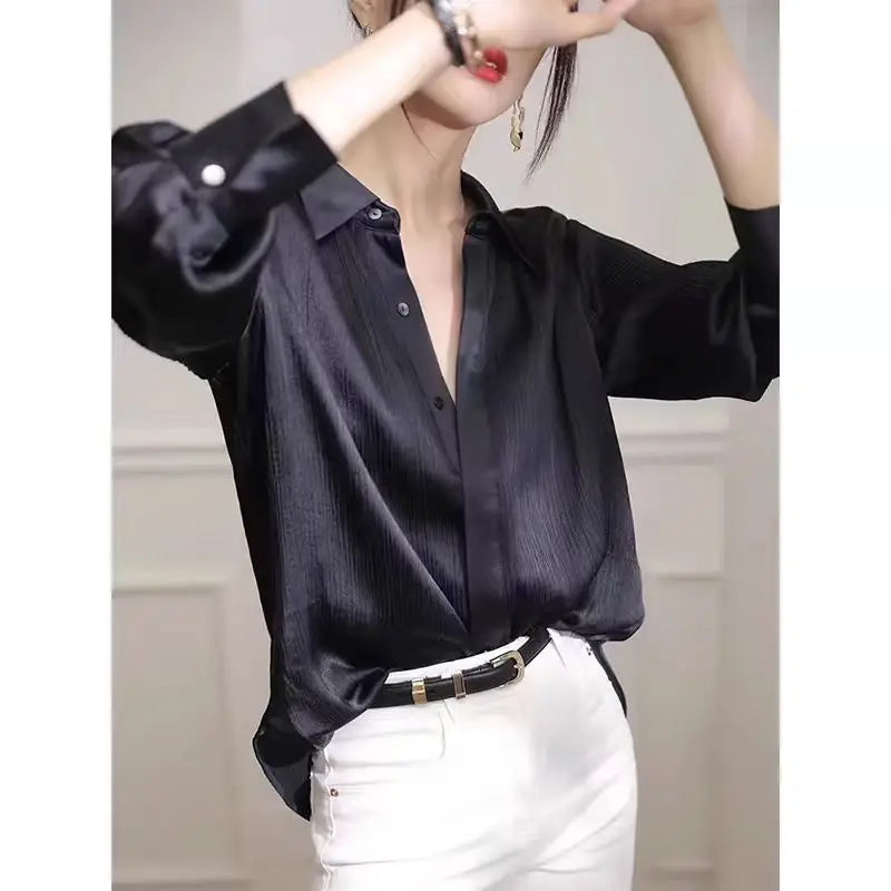 Shirts New Black Satin Texture Loose