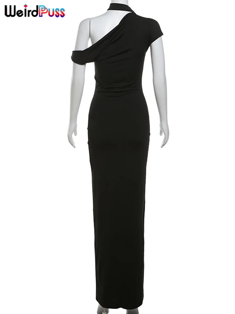 Weird Puss Incline Shoulder Dress Woman Summer Sexy Solid Irregular Collar Elegant Sleeveless Chic Party Skinny Evening Vestidos