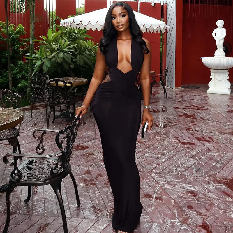 Halter Deep V-Neck Backless Bodycon Maxi Dress